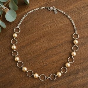 Vintage 1960s SHB Faux Pearl Necklace Circle Link Silver Tone Mid Century Choker